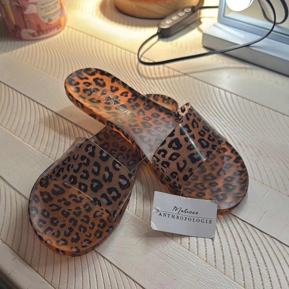 Anthropologie Brown Leopard Slide Sandals